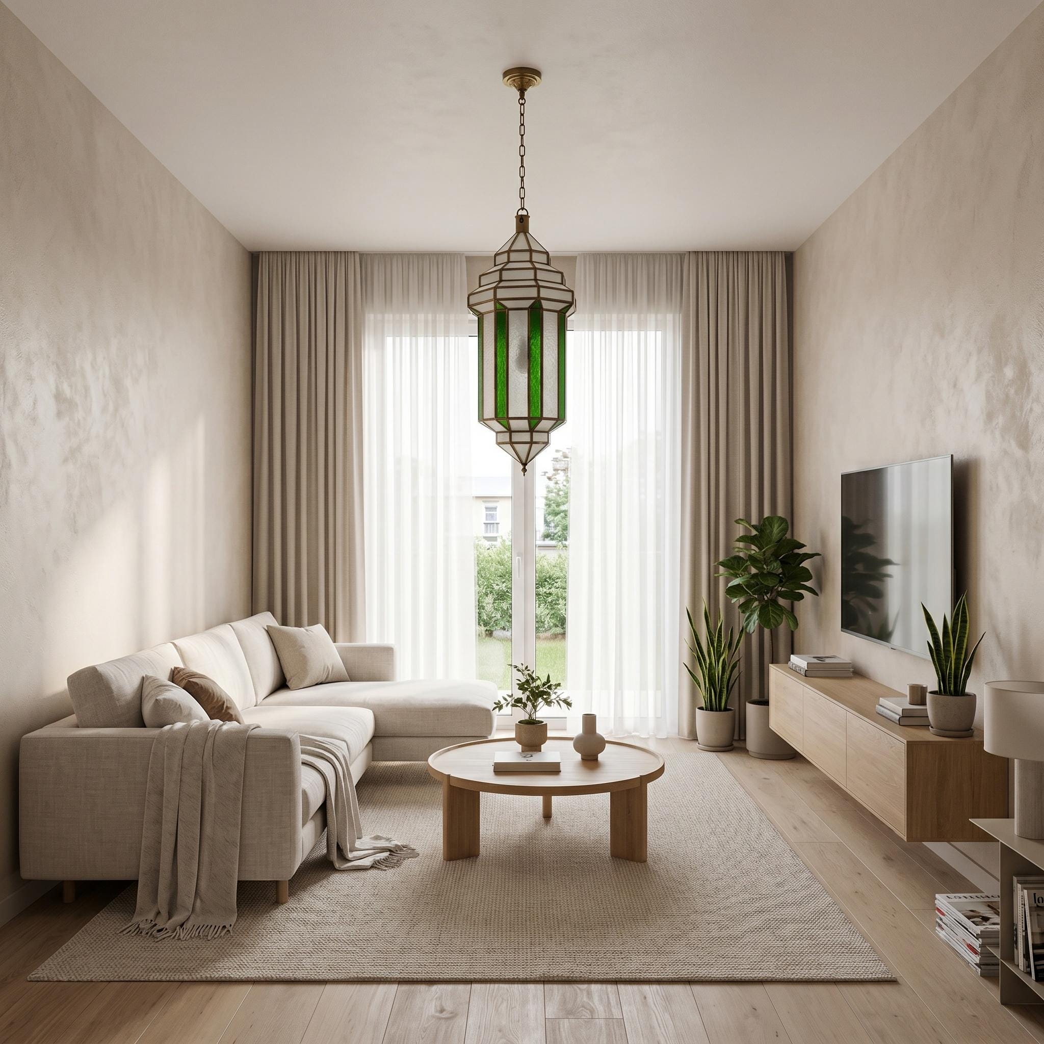 Handmade Green Glass Pendant Light – Brass Hanging Lantern, Moroccan Style Ceiling Fixture - Image 5