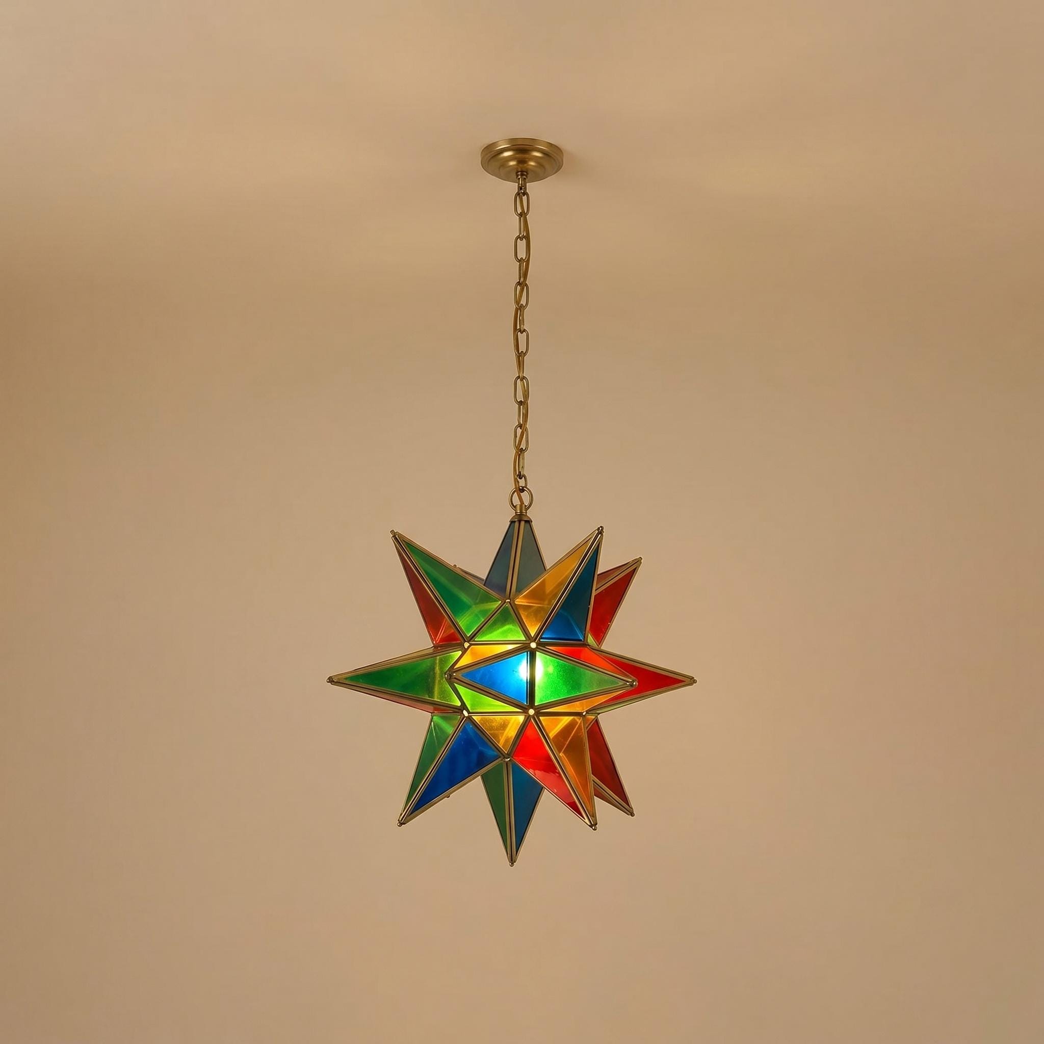 Handmade Stained Glass Star Pendant Light – Multicolor Boho Ceiling Fixture