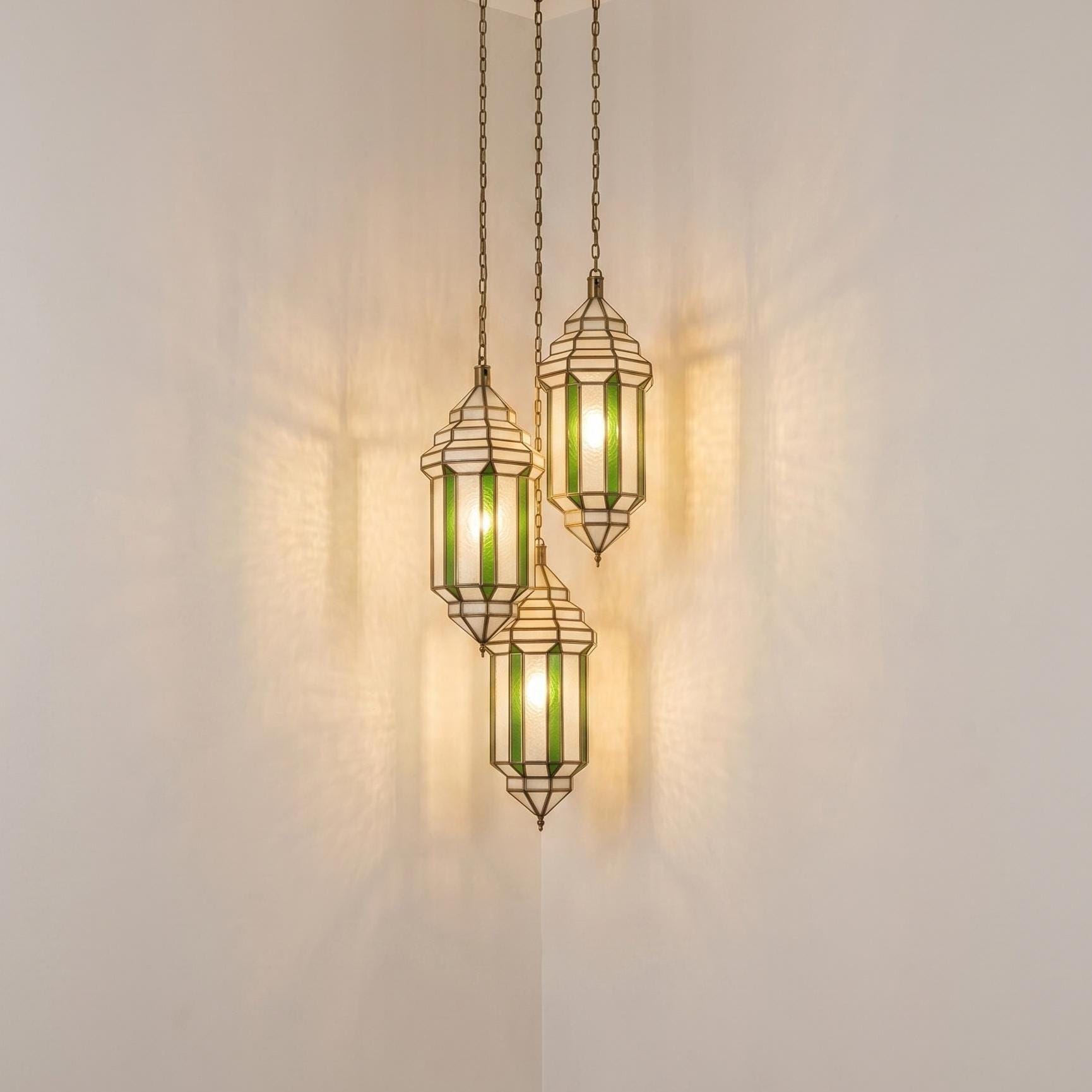 Handmade Green Glass Pendant Light – Brass Hanging Lantern, Moroccan Style Ceiling Fixture - Image 3