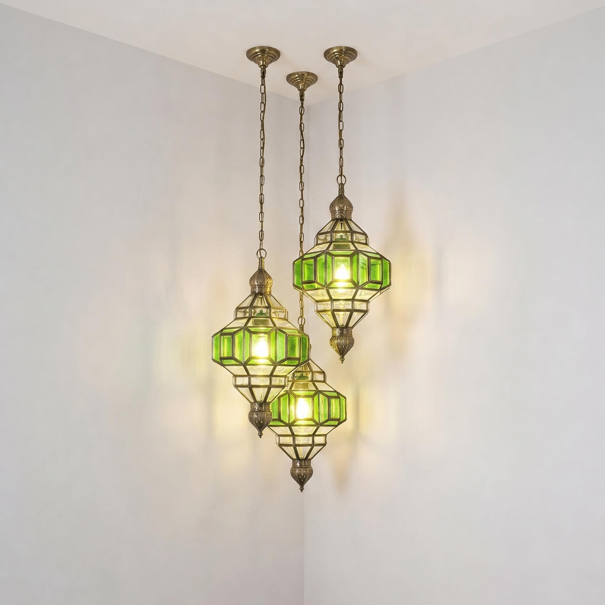 Green Glass Pendant Light – Brass Hanging Lamp, Vintage Ceiling Fixture, Elegant Entryway Lighting - Image 3