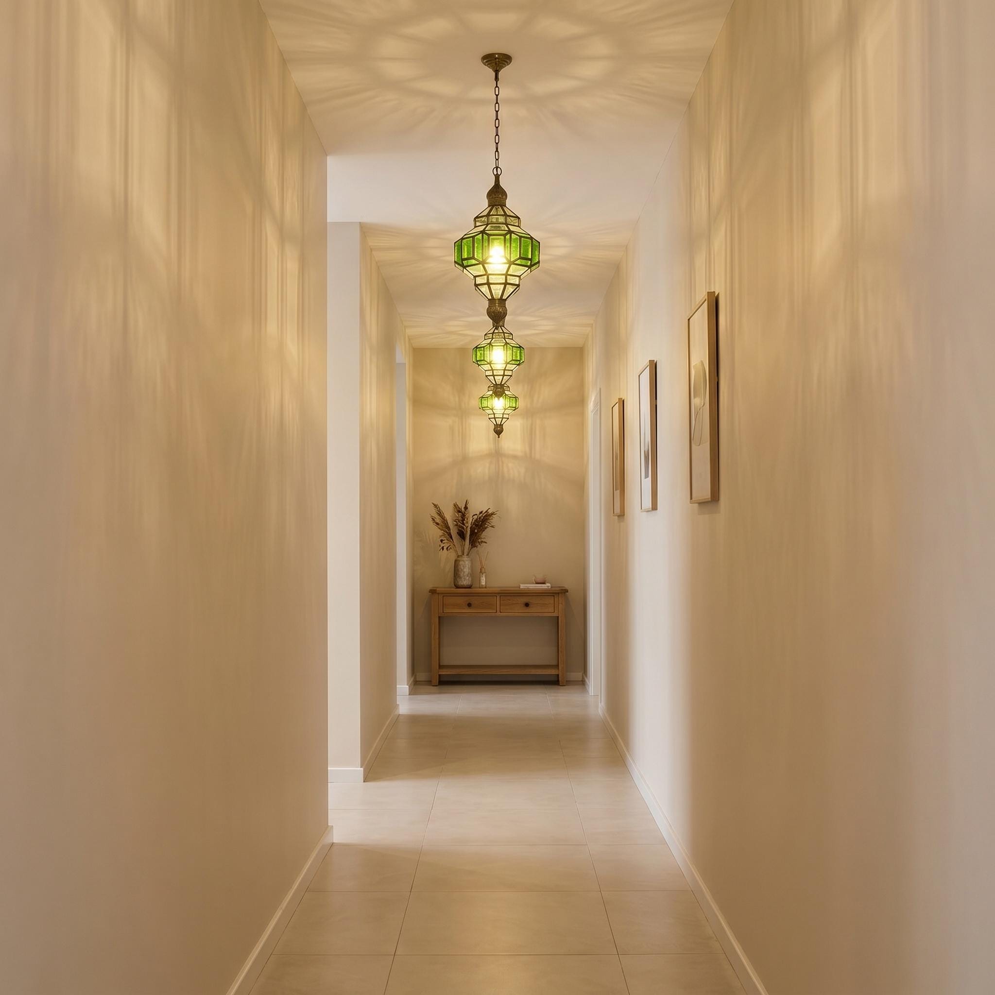 Green Glass Pendant Light – Brass Hanging Lamp, Vintage Ceiling Fixture, Elegant Entryway Lighting - Image 5