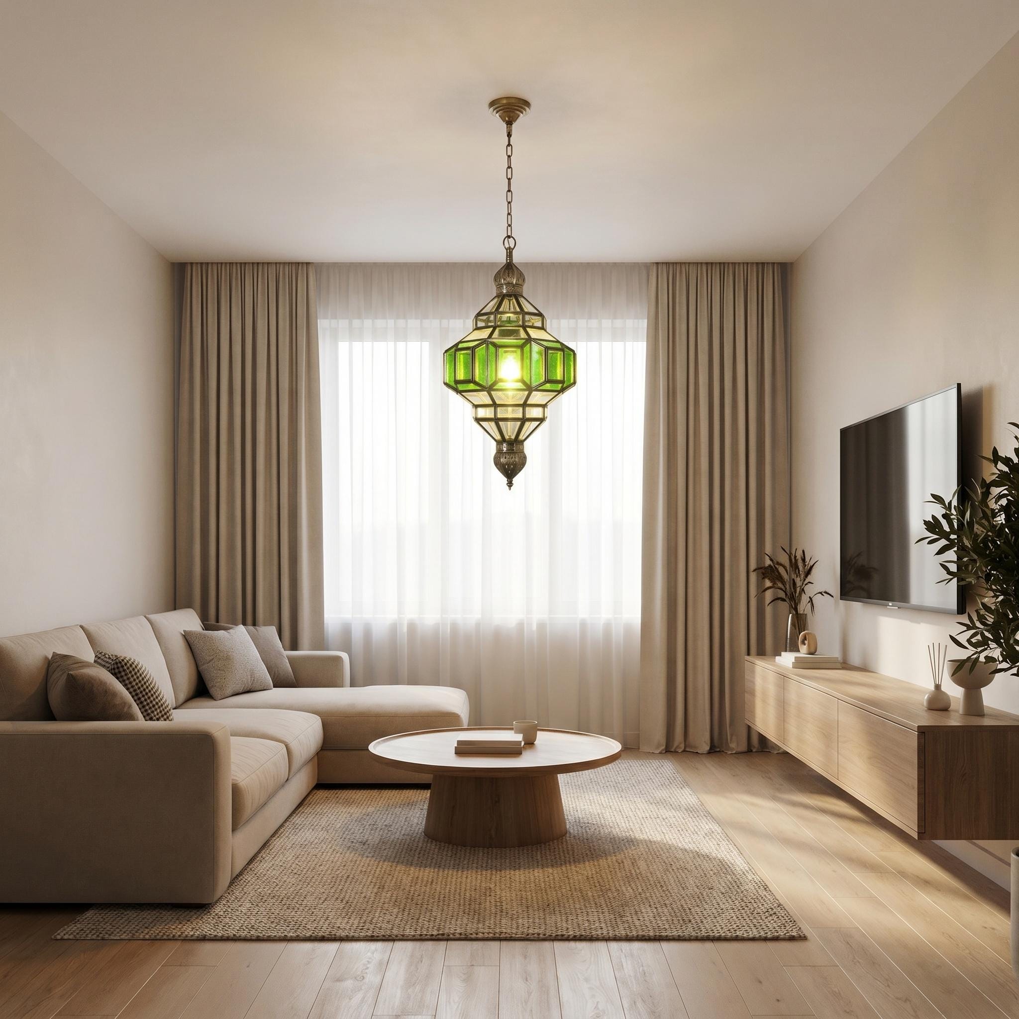 Green Glass Pendant Light – Brass Hanging Lamp, Vintage Ceiling Fixture, Elegant Entryway Lighting - Image 4