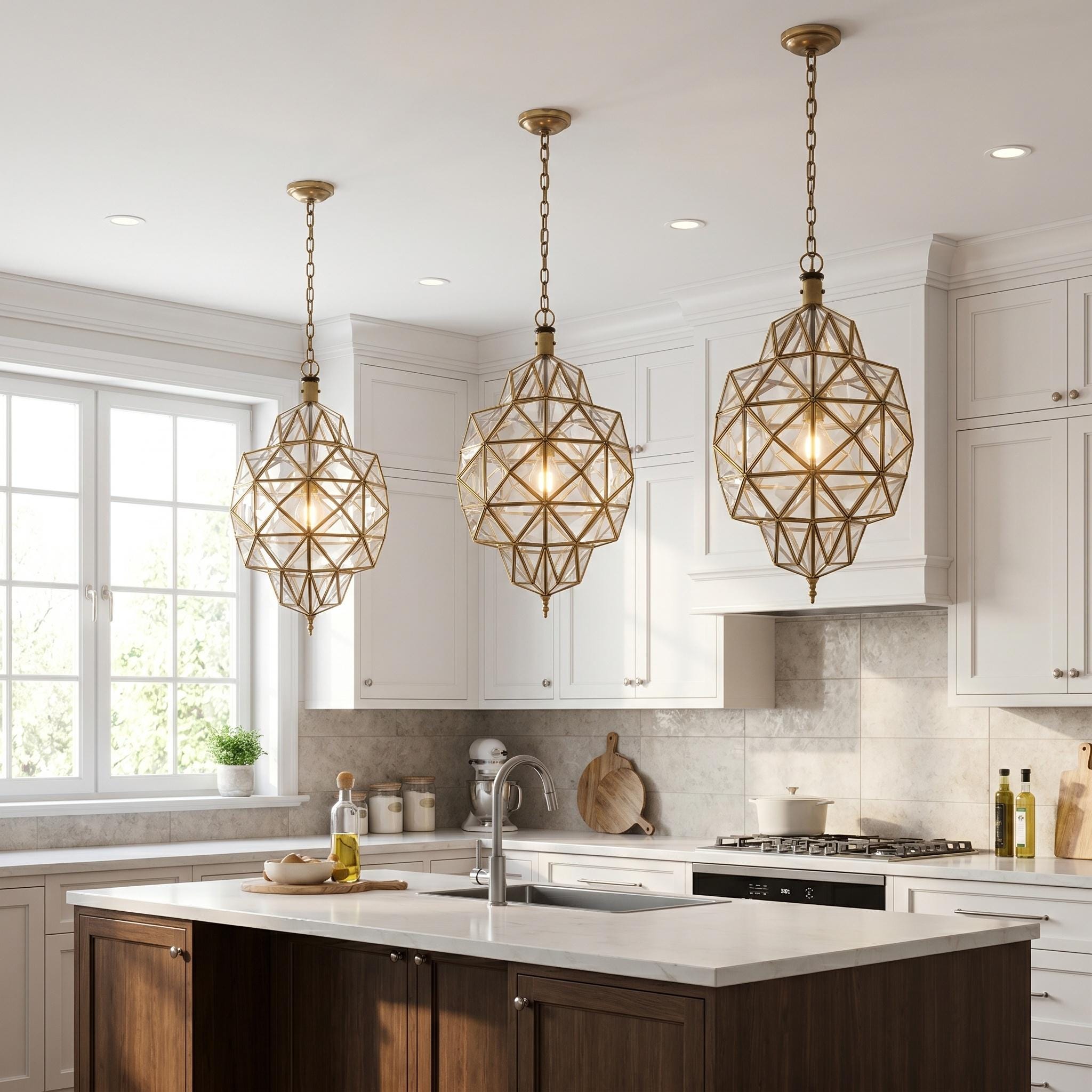 Geometric Glass Pendant Light, Brass Modern Ceiling Lamp - Image 2