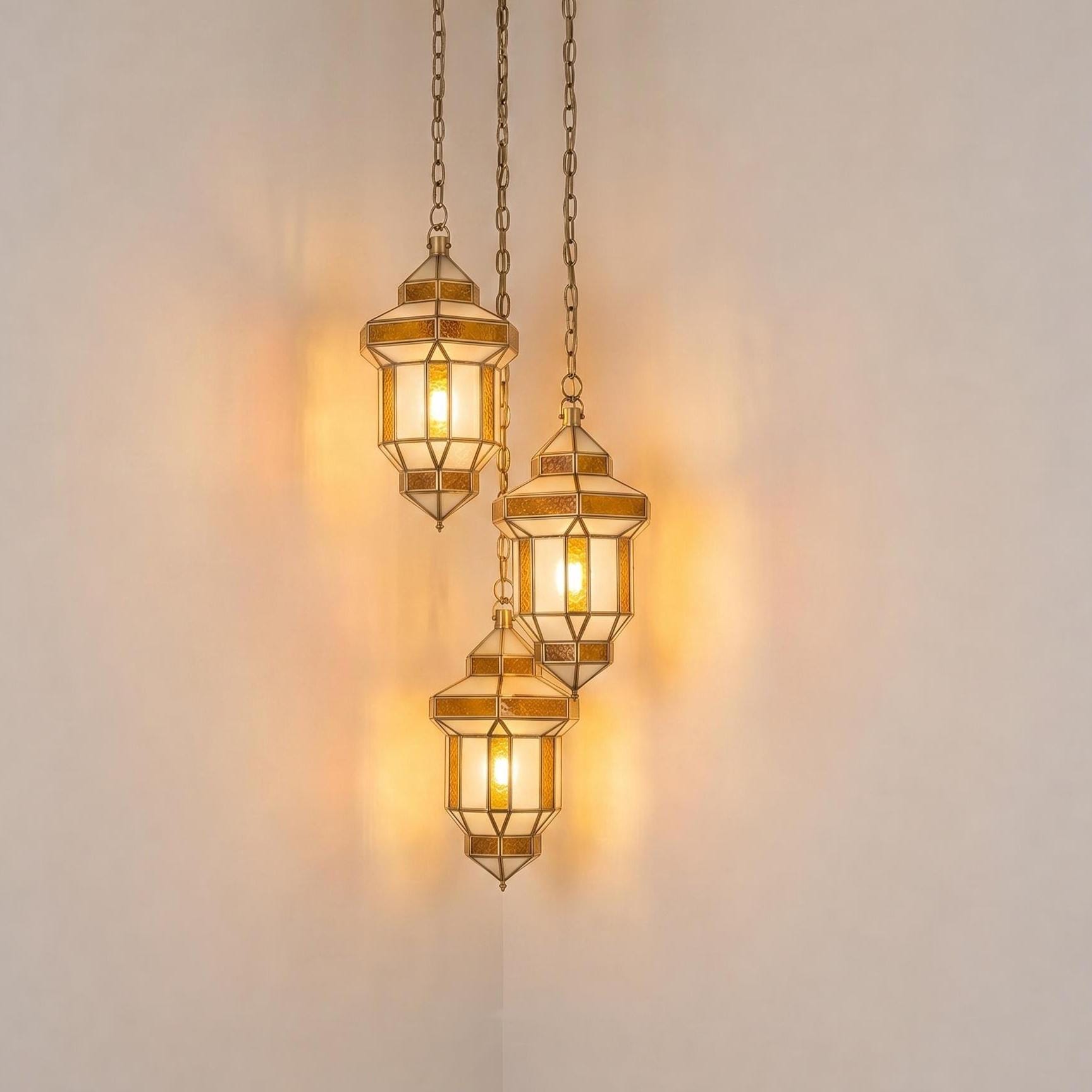 Amber Glass Pendant Light, Brass Hanging Ceiling Lamp - Image 5
