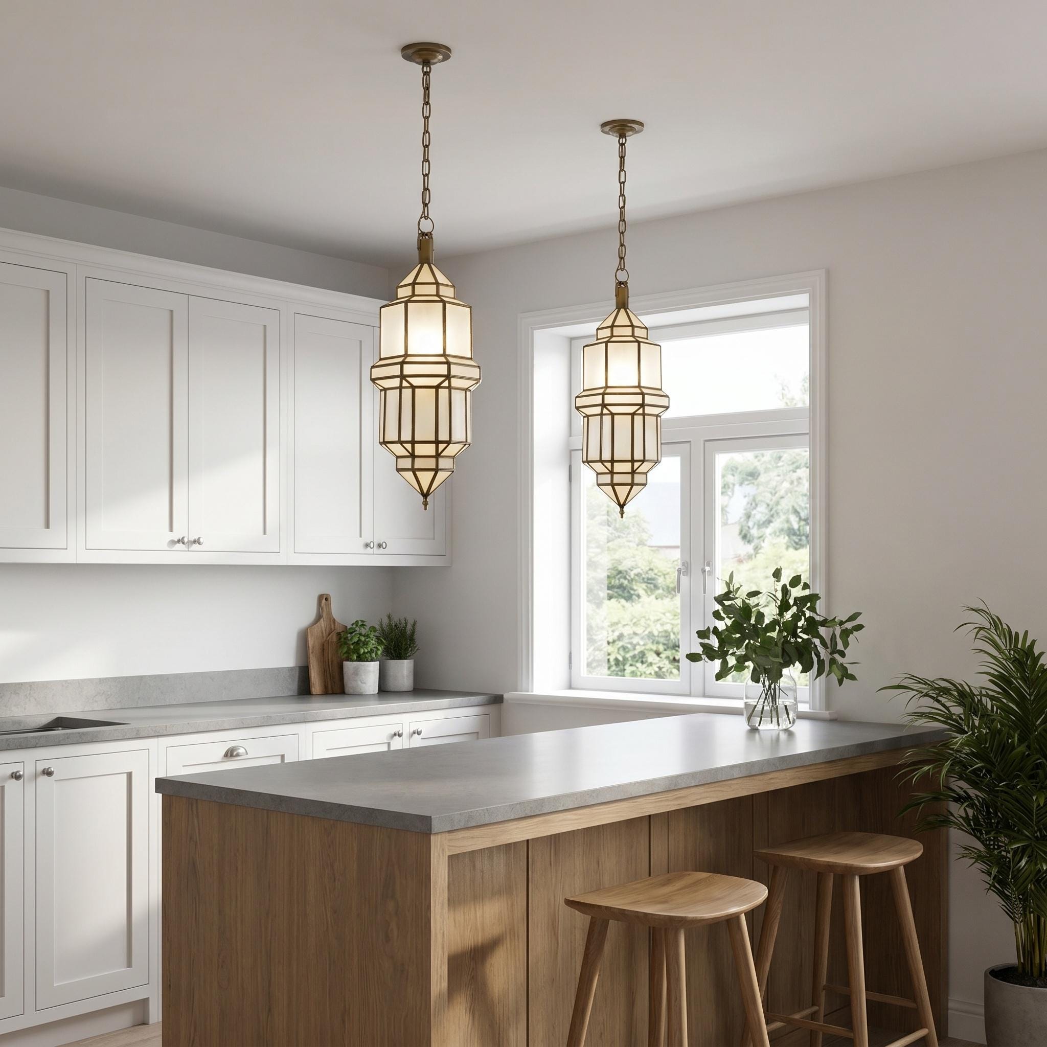 Lantern Glass Pendant Light, Brass Hanging Ceiling Lamp - Image 3