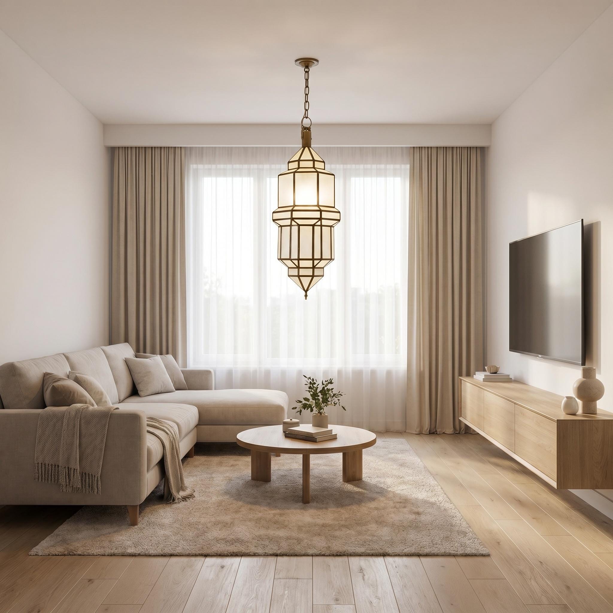 Lantern Glass Pendant Light, Brass Hanging Ceiling Lamp - Image 2
