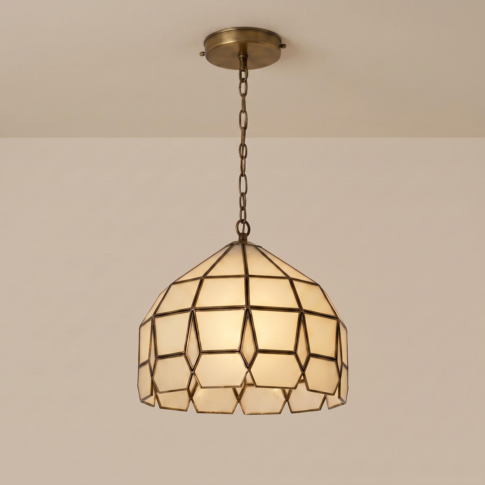 Handmade Dome Glass Pendant Light – Brass Frame, Frosted Diffused Glow, Modern Kitchen Lighting