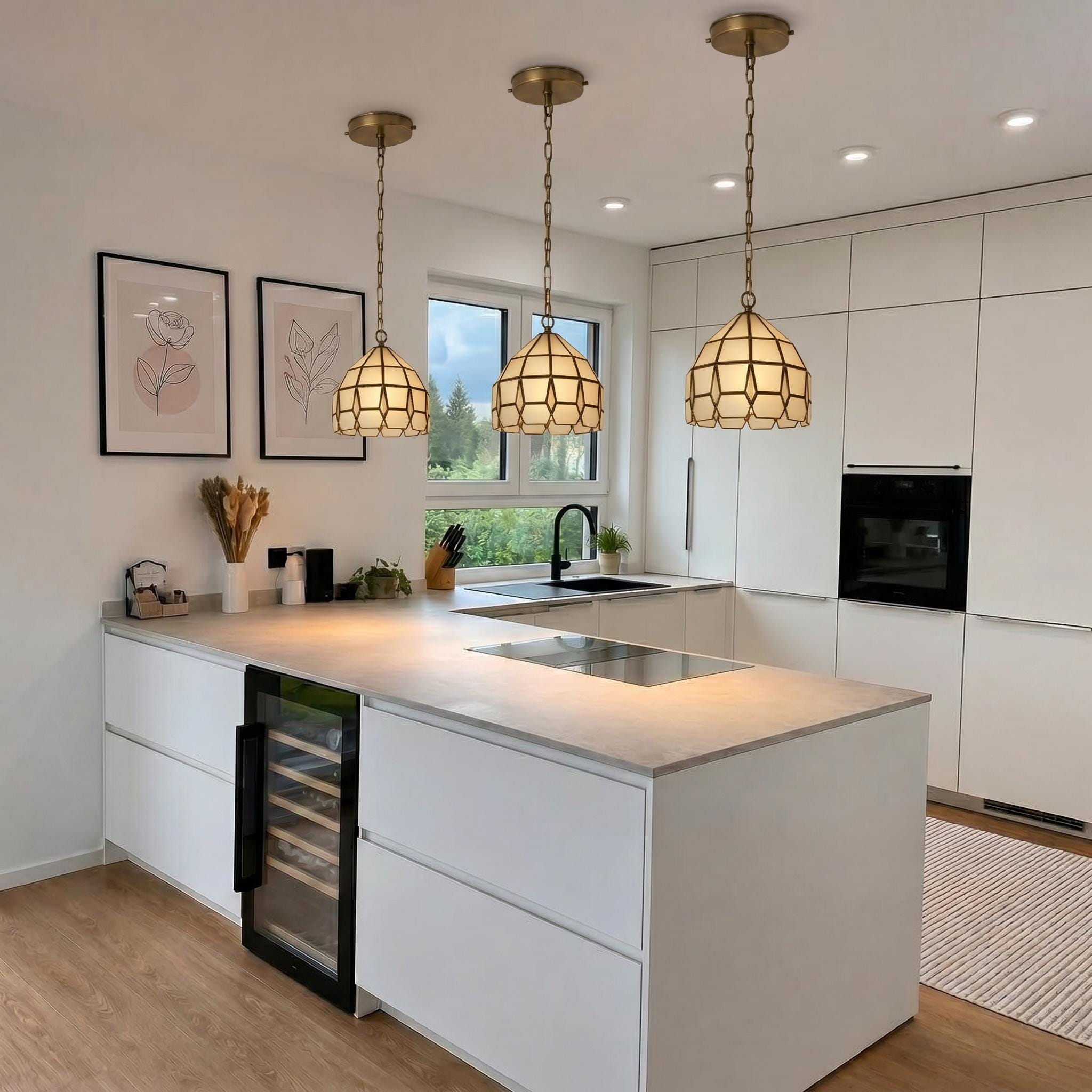 Handmade Dome Glass Pendant Light – Brass Frame, Frosted Diffused Glow, Modern Kitchen Lighting - Image 6