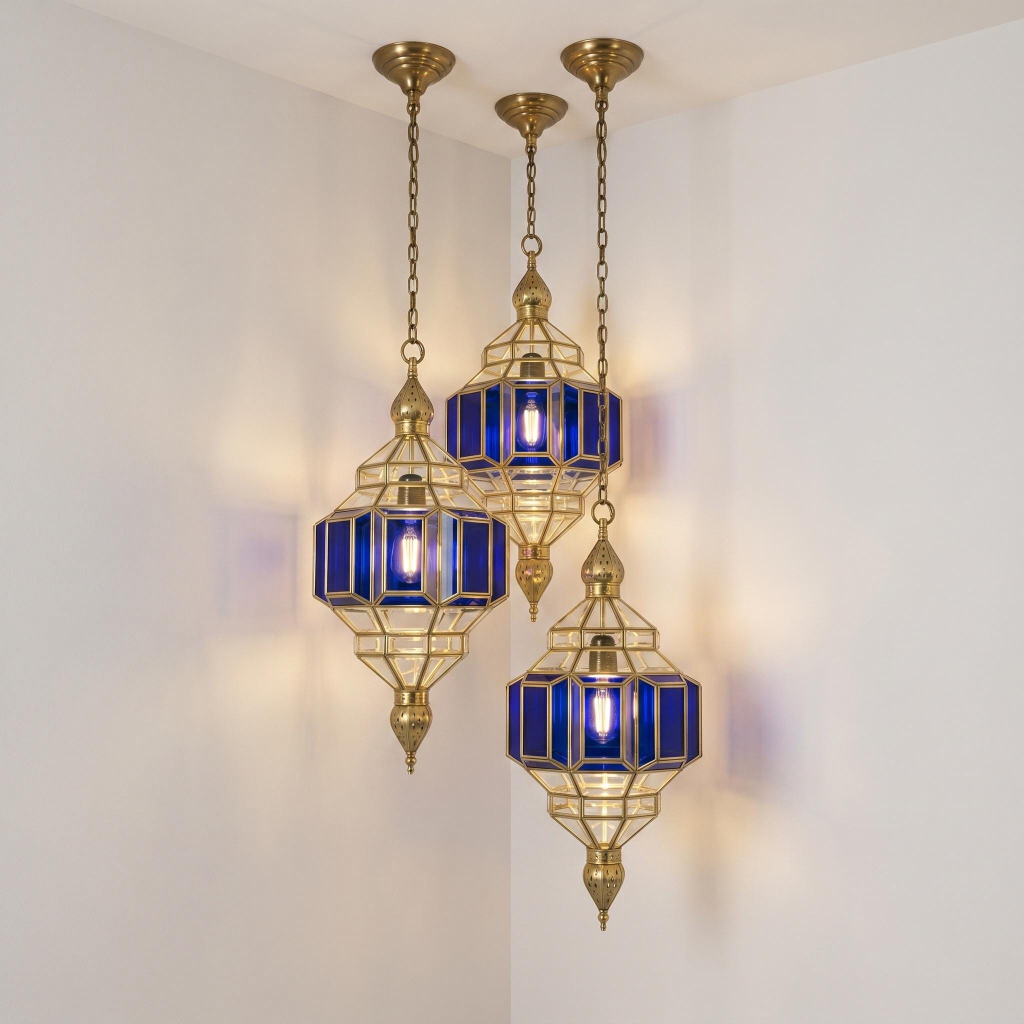 Handmade Blue Glass Pendant Light – Brass Hanging Lamp, Modern Moroccan Style Ceiling Fixture - Image 2