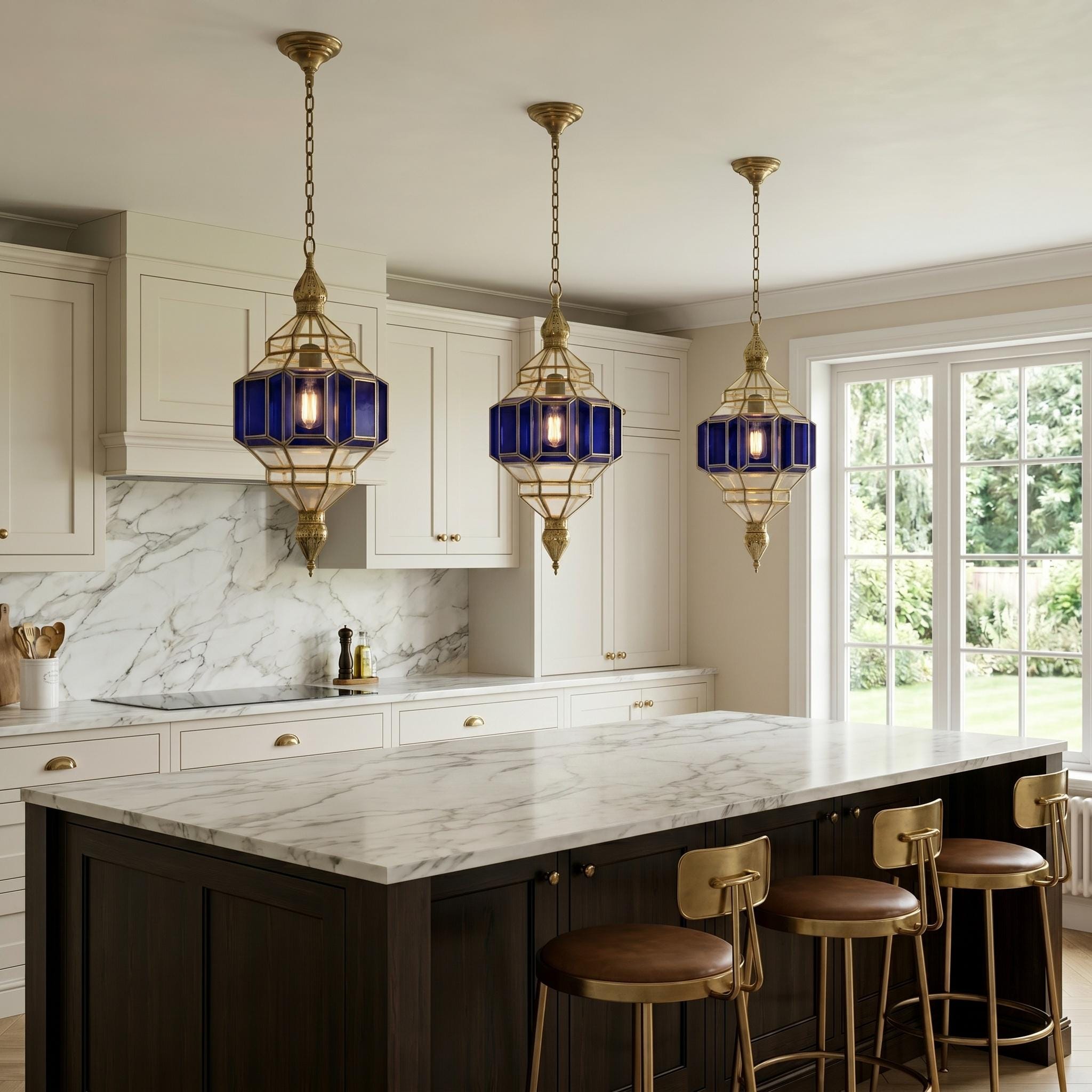 Handmade Blue Glass Pendant Light – Brass Hanging Lamp, Modern Moroccan Style Ceiling Fixture - Image 5