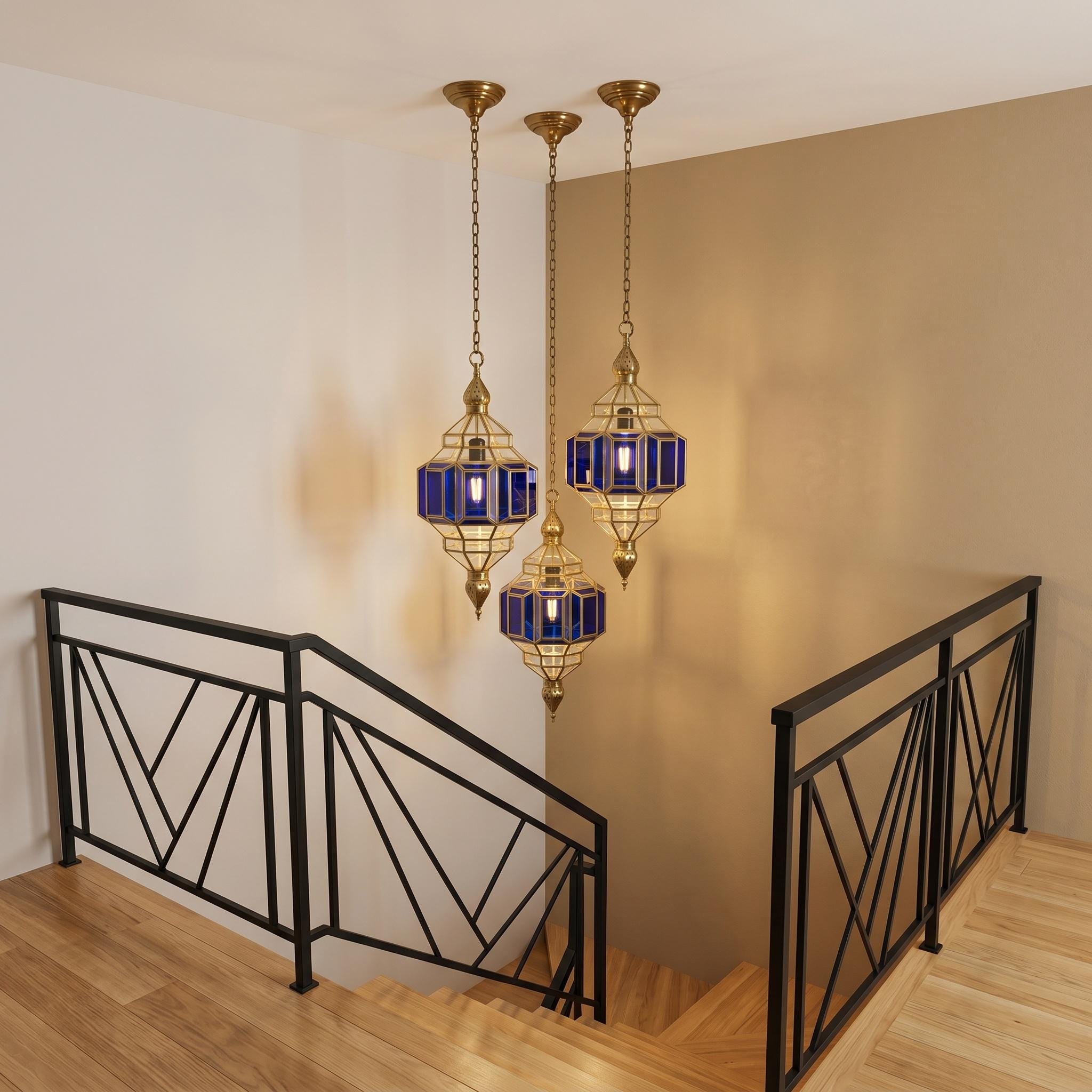 Handmade Blue Glass Pendant Light – Brass Hanging Lamp, Modern Moroccan Style Ceiling Fixture - Image 6
