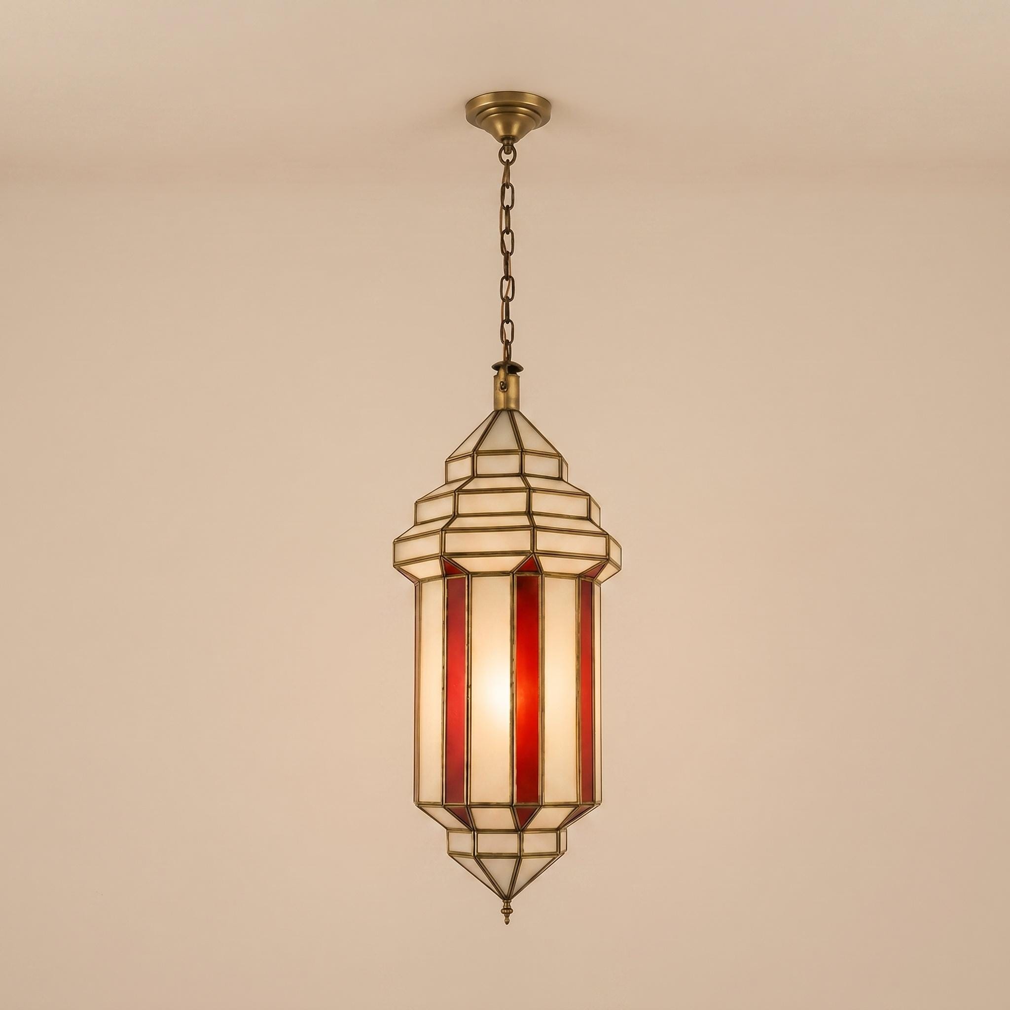 Handmade stained glass pendant light with red glass Moroccan lantern