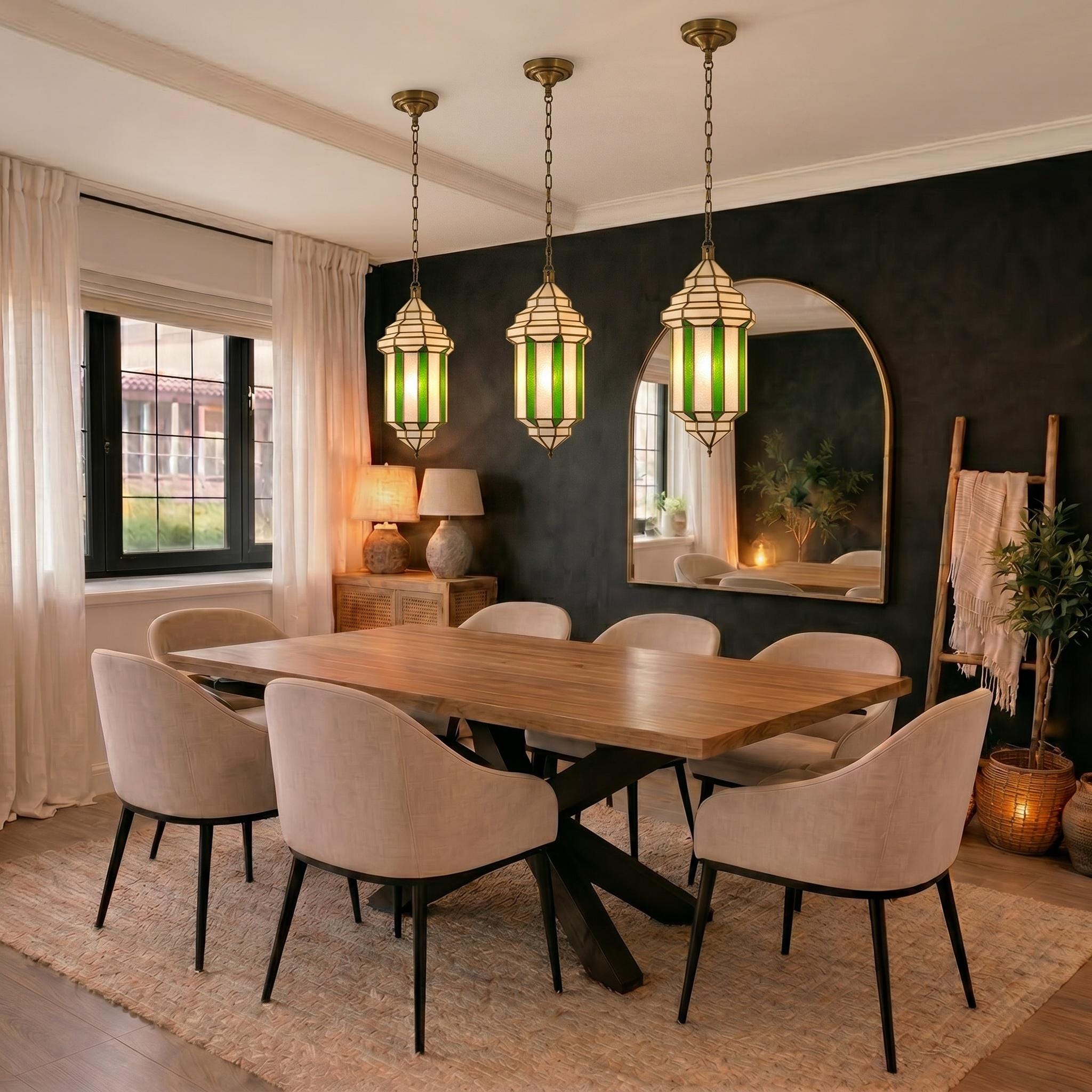 Handmade Green Glass Pendant Light – Brass Hanging Lantern, Moroccan Style Ceiling Fixture - Image 4