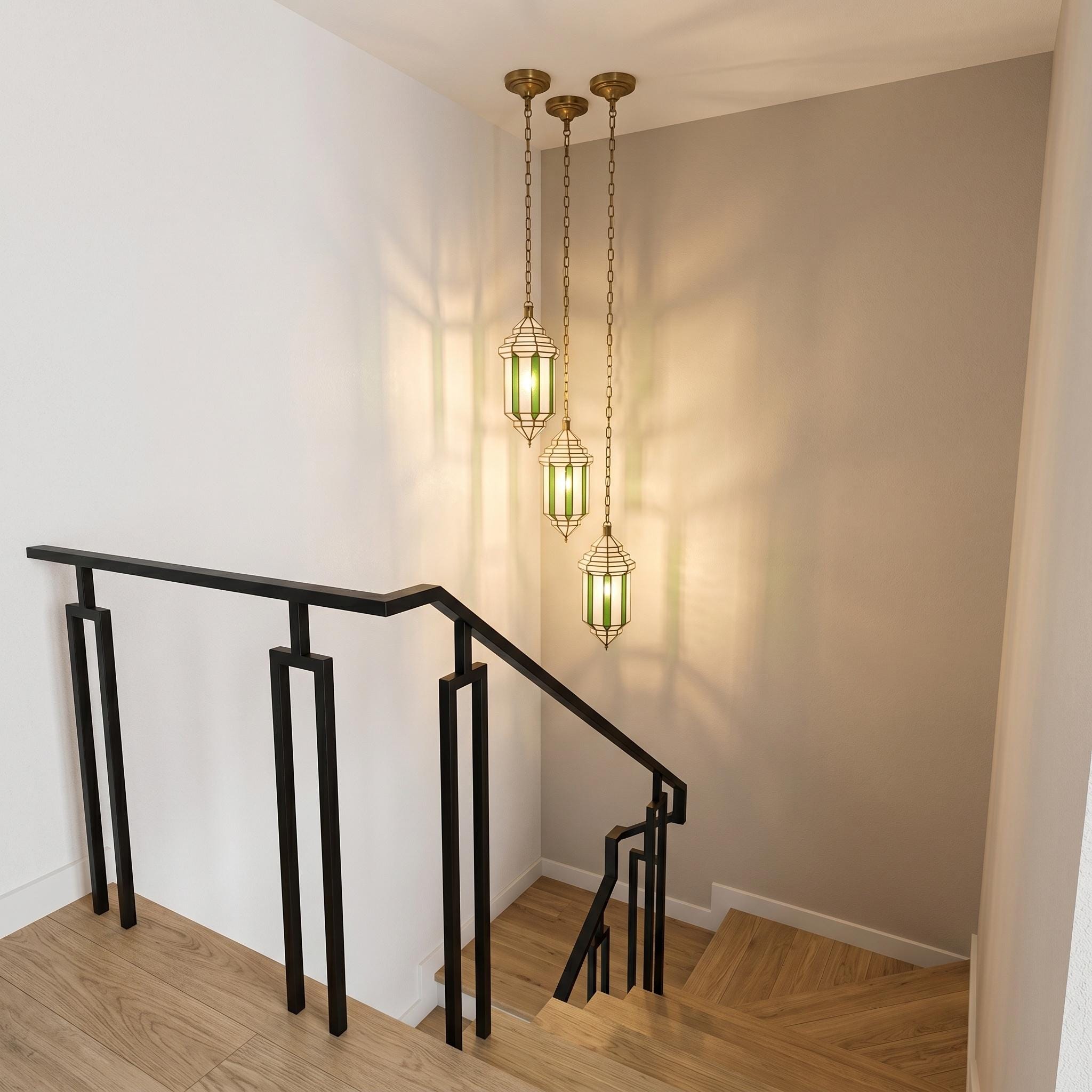 Handmade Green Glass Pendant Light – Brass Hanging Lantern, Moroccan Style Ceiling Fixture - Image 7