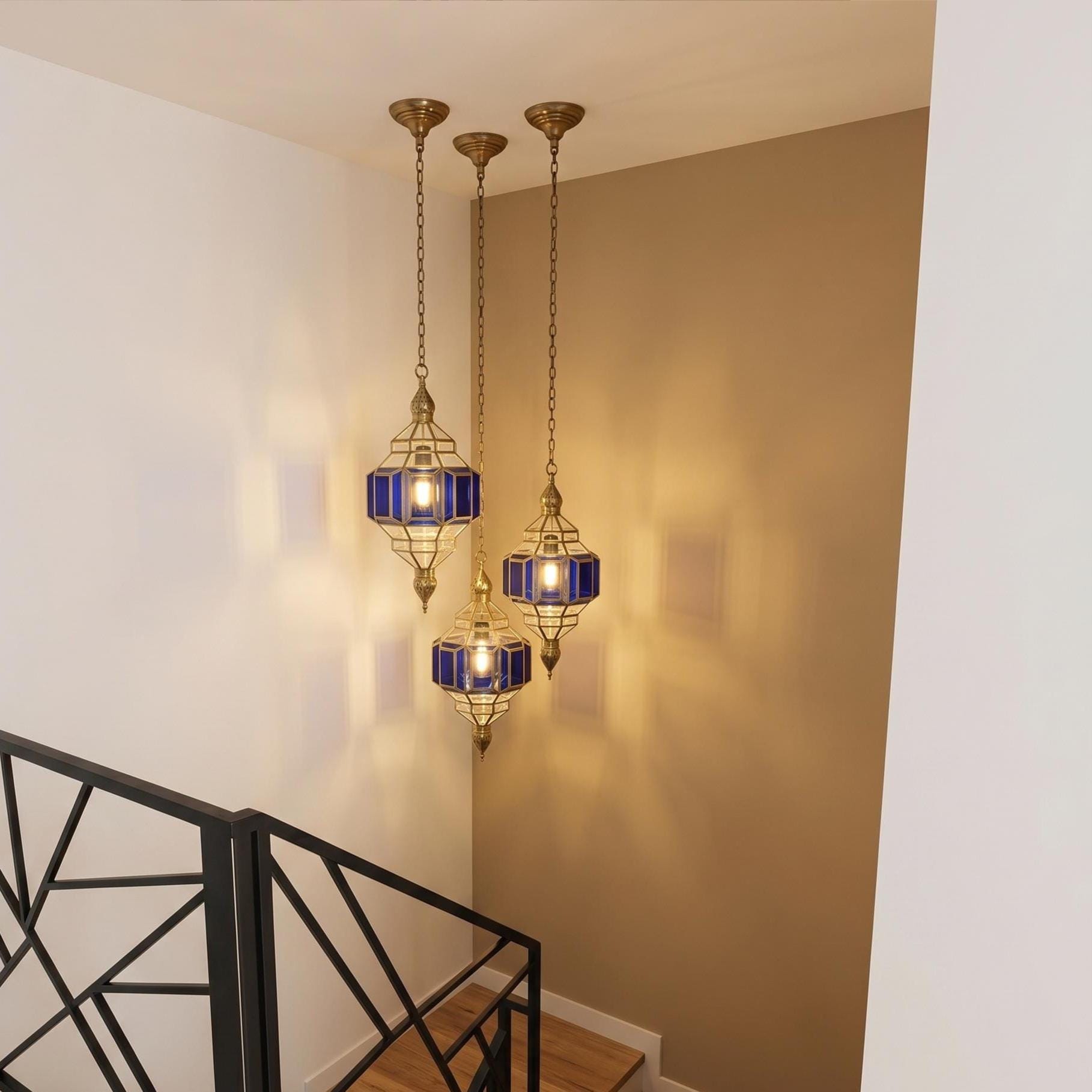 Handmade Blue Glass Pendant Light – Brass Hanging Lamp, Modern Moroccan Style Ceiling Fixture - Image 4