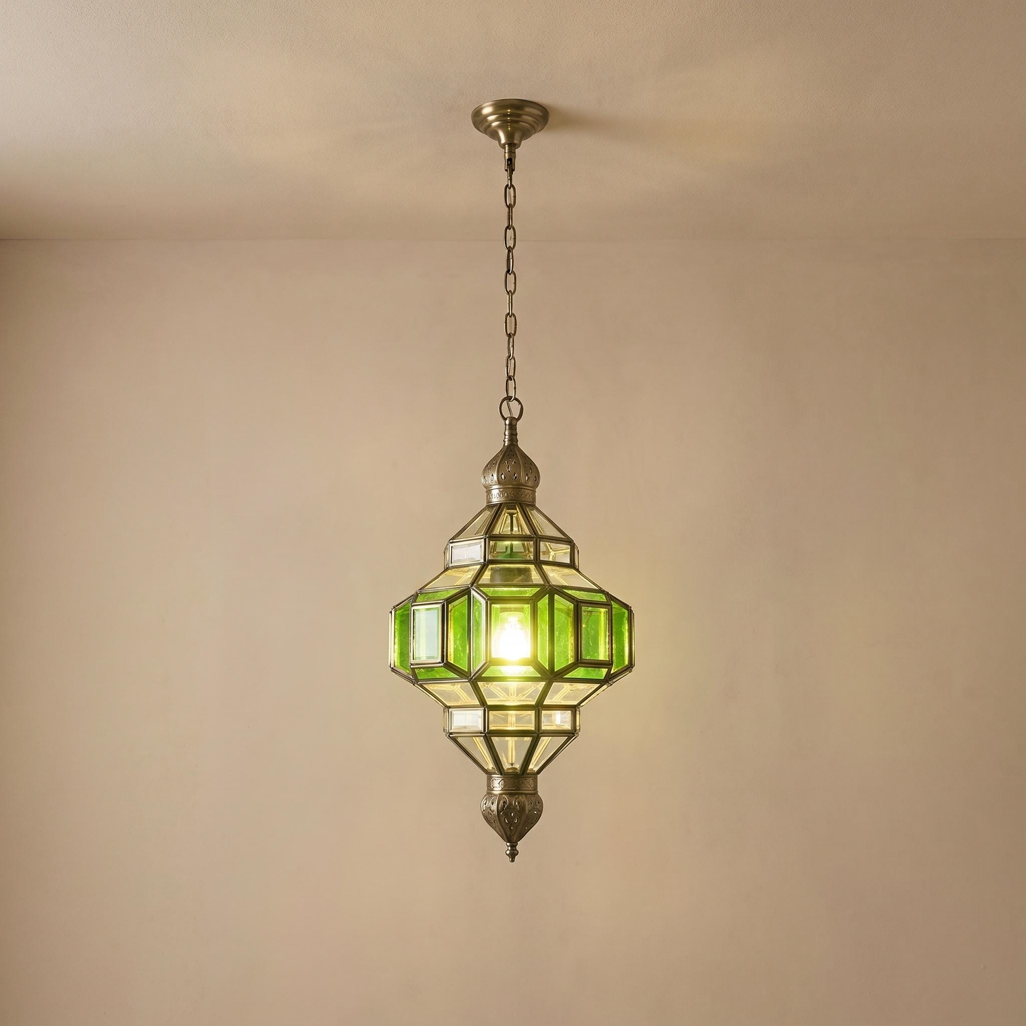 Green Glass Pendant Light – Brass Hanging Lamp, Vintage Ceiling Fixture, Elegant Entryway Lighting