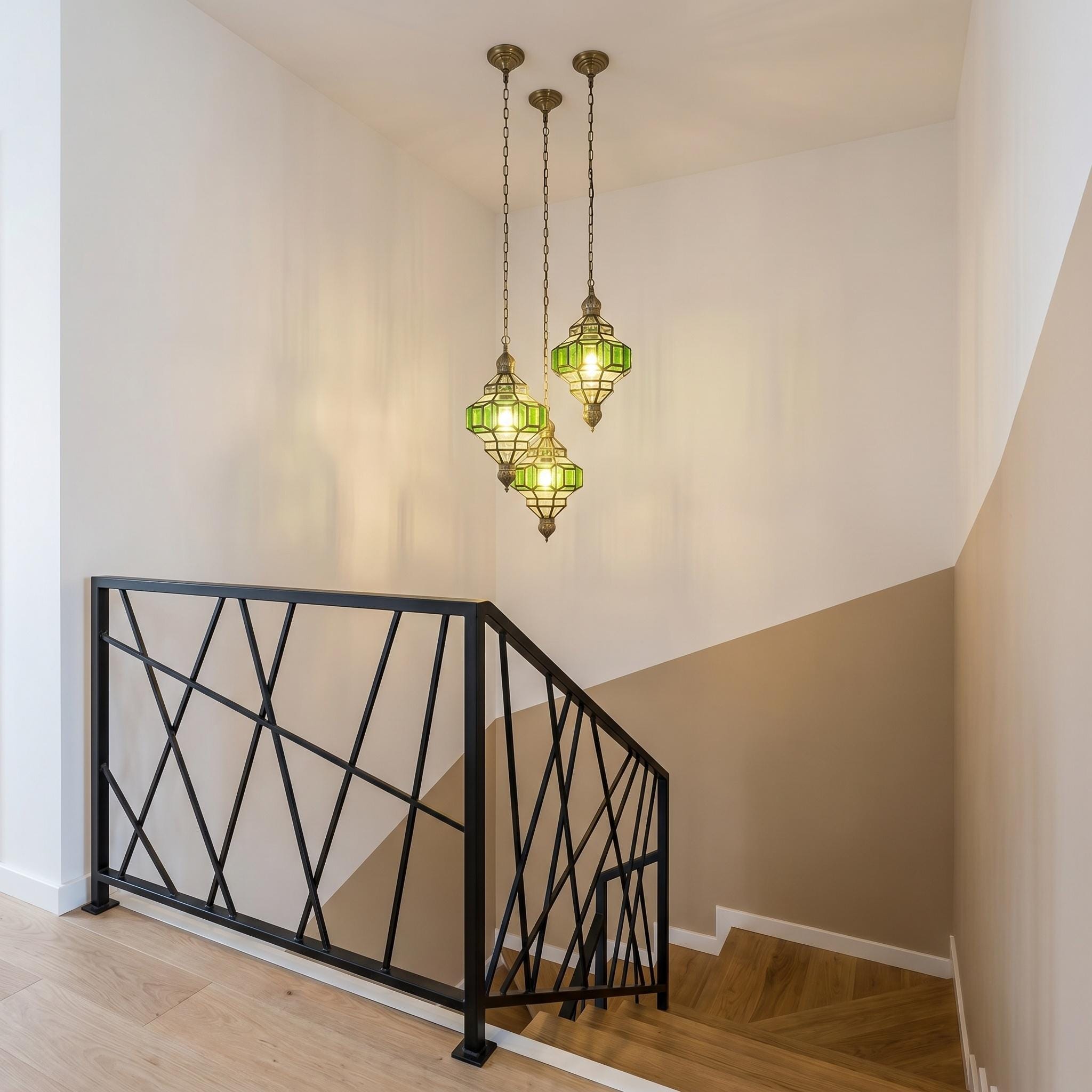 Green Glass Pendant Light – Brass Hanging Lamp, Vintage Ceiling Fixture, Elegant Entryway Lighting - Image 6