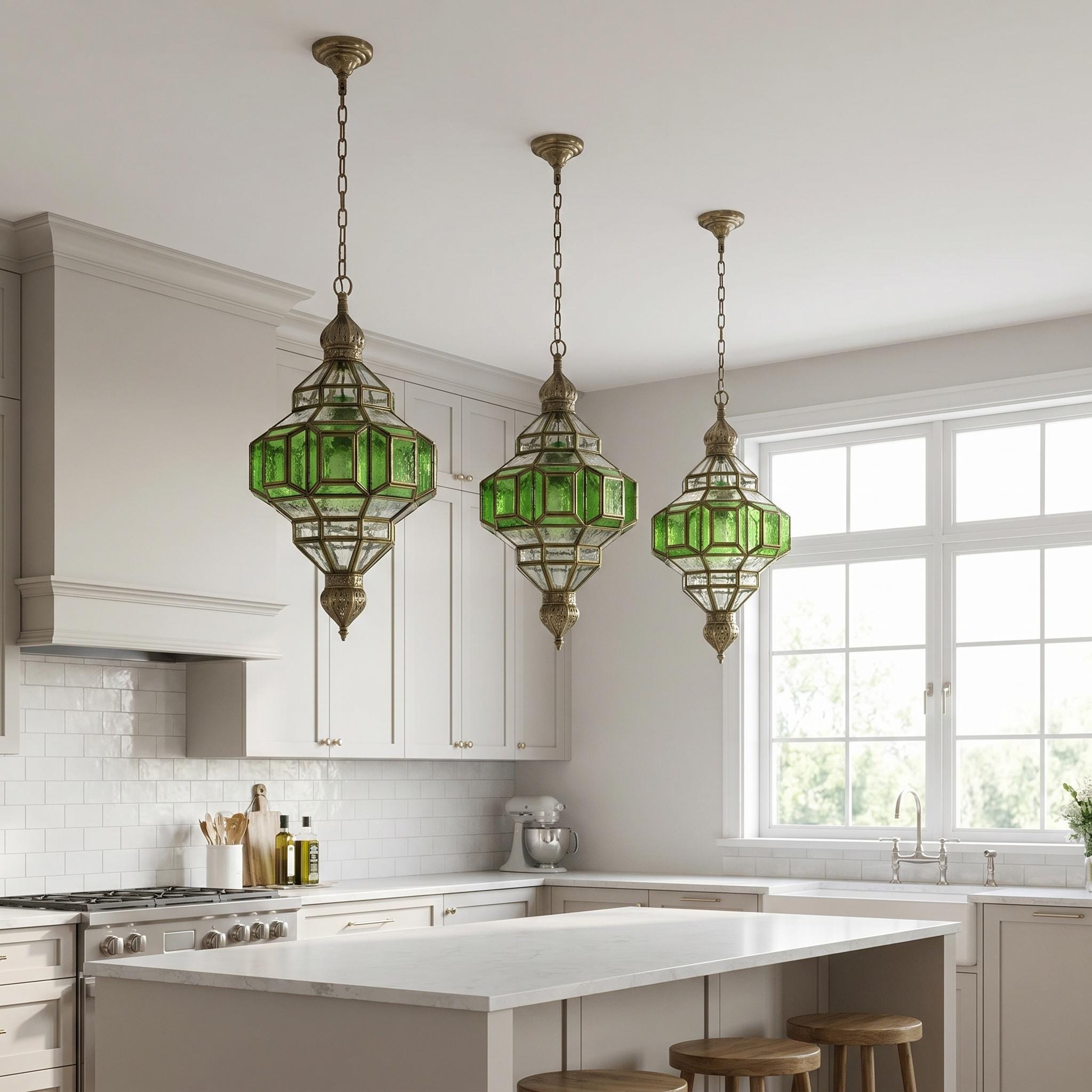 Green Glass Pendant Light – Brass Hanging Lamp, Vintage Ceiling Fixture, Elegant Entryway Lighting - Image 2