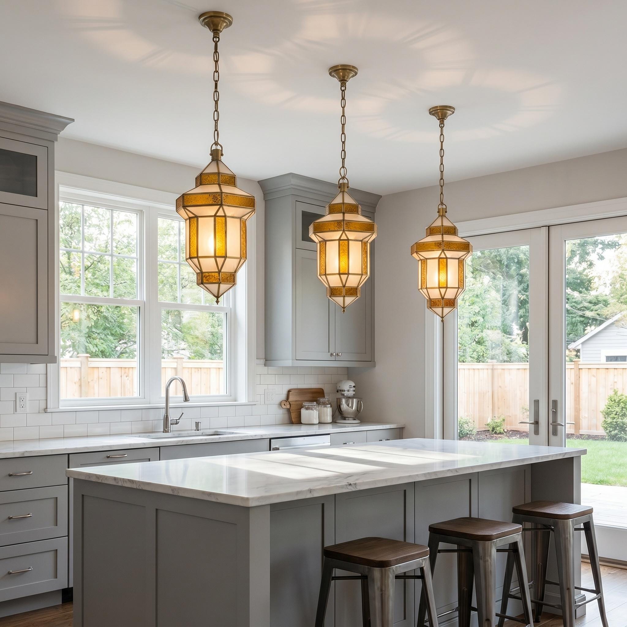 Amber Glass Pendant Light, Brass Hanging Ceiling Lamp - Image 6