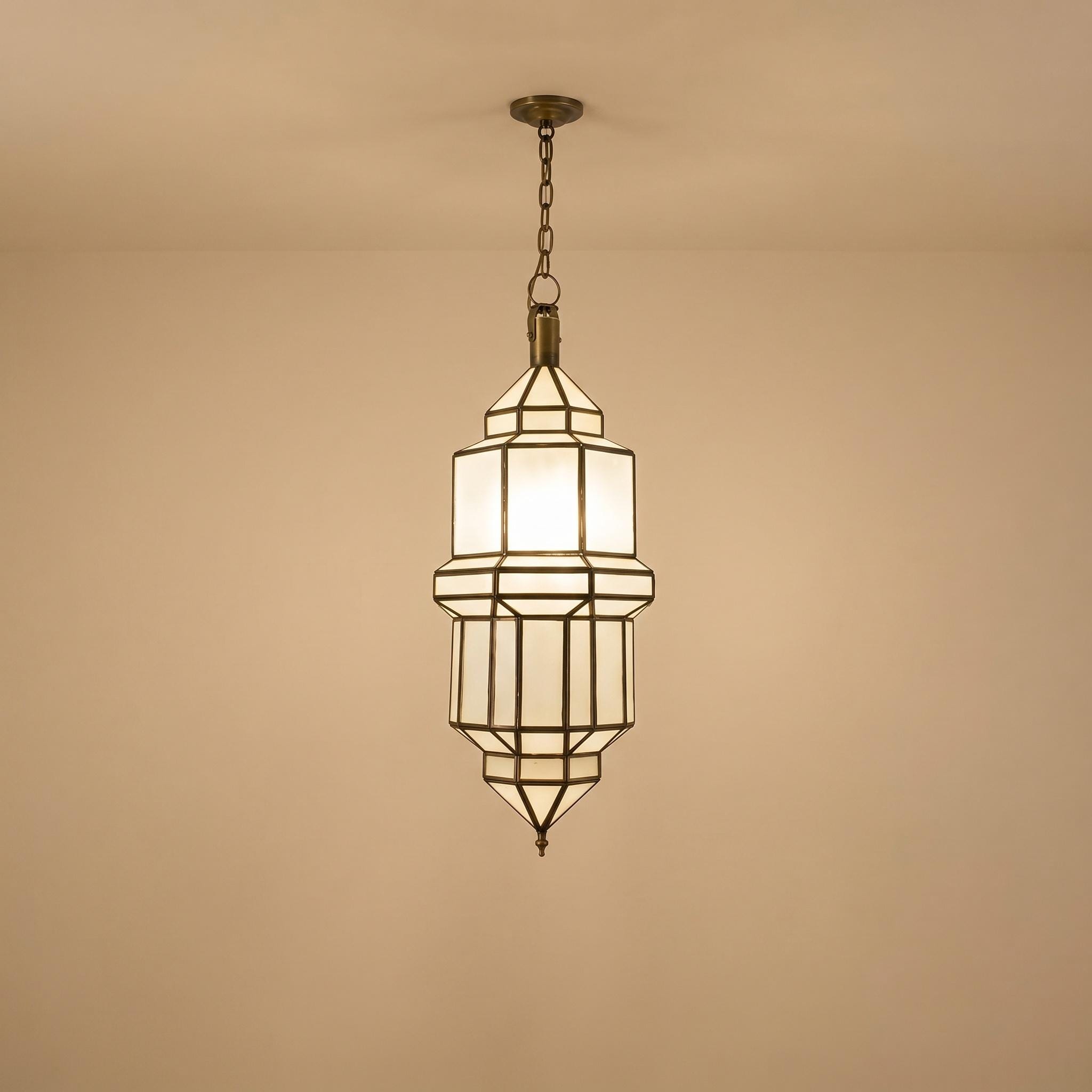 Lantern Glass Pendant Light, Brass Hanging Ceiling Lamp