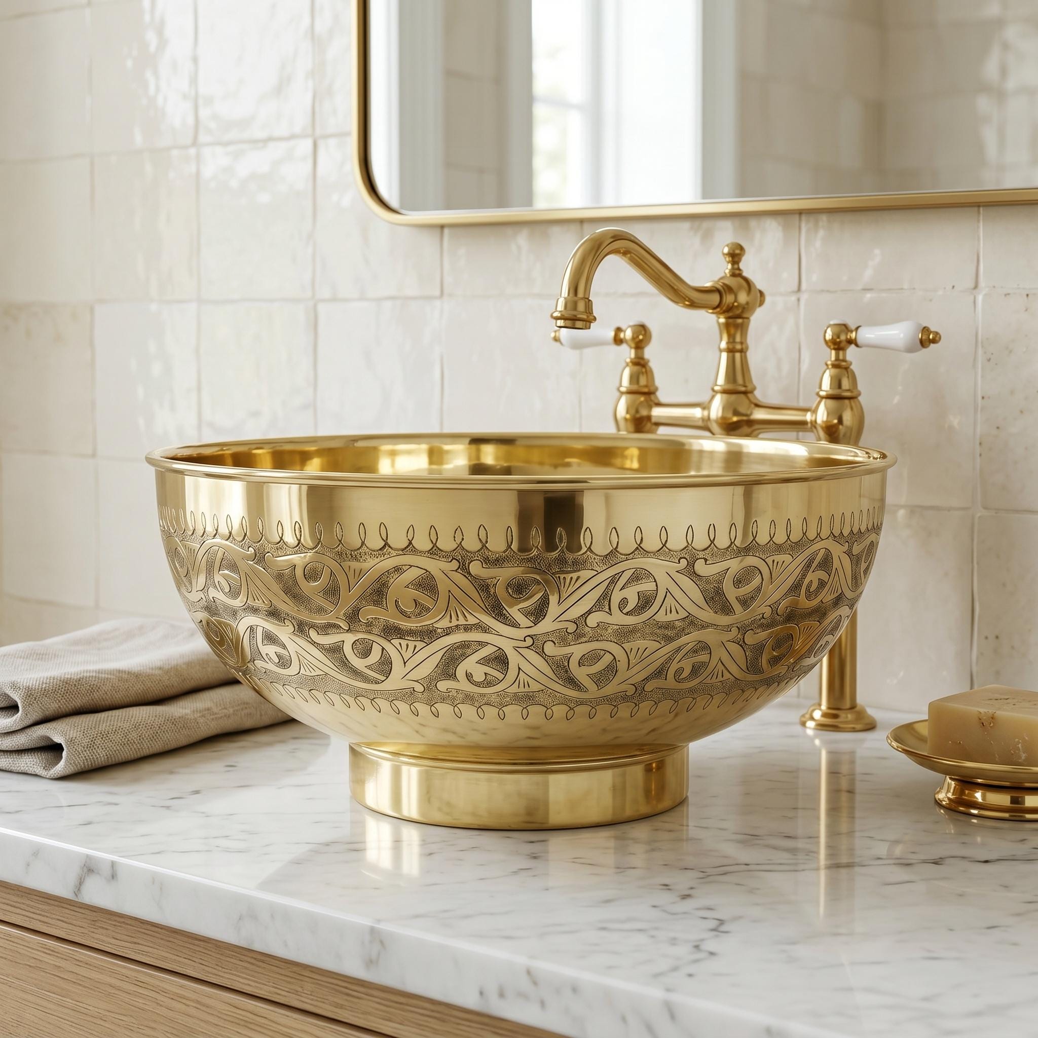 Engraved Brass Vessel Sink Luxury Vanity Basin for Elegant Modern Bathrooms