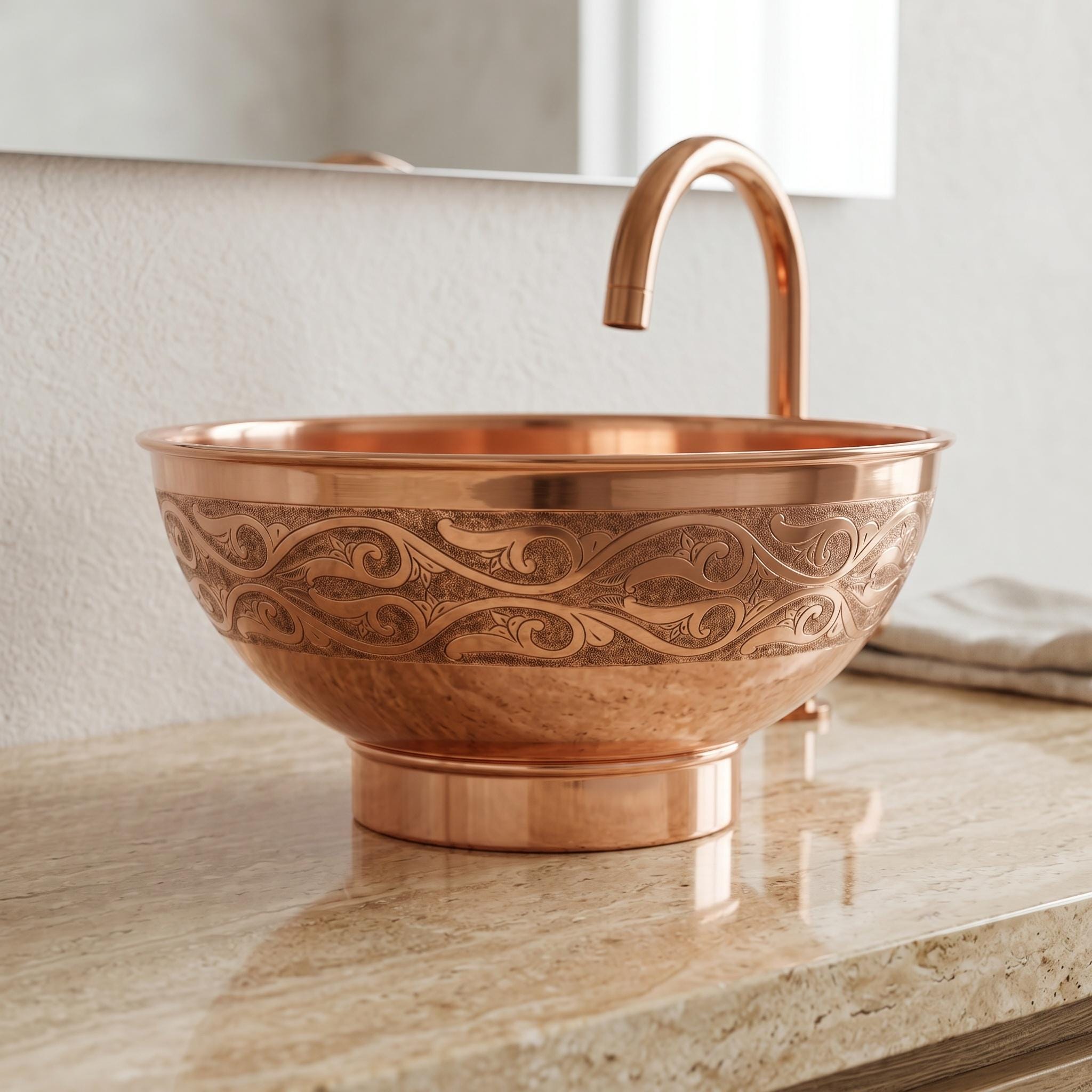 Copper Vessel Sink Engraved Vanity Basin for Luxury Rustic Modern Bathrooms