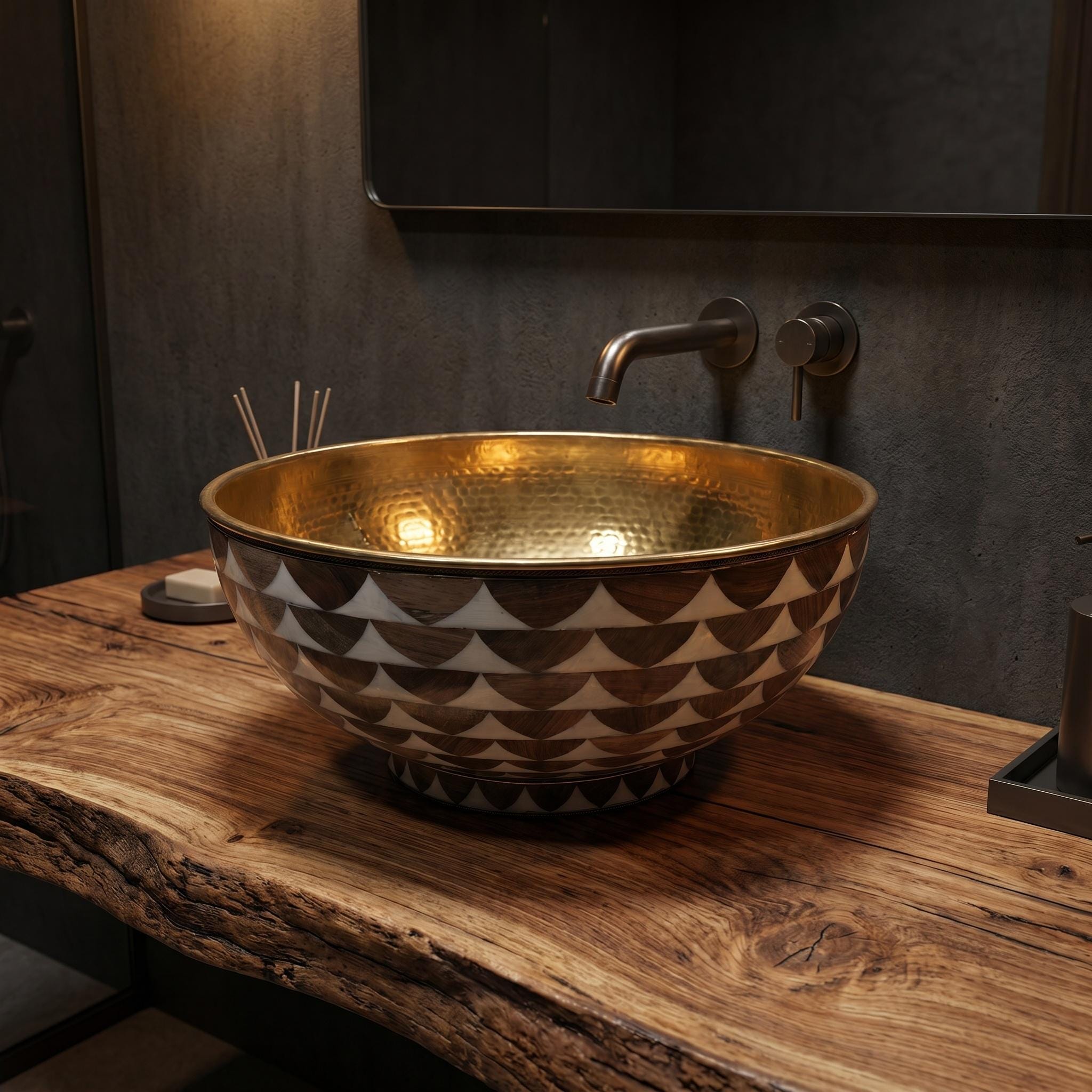 Wood Inlay Brass Vessel Sink Luxury 16 Inch Vanity Basin for Rustic Bathrooms - Image 3