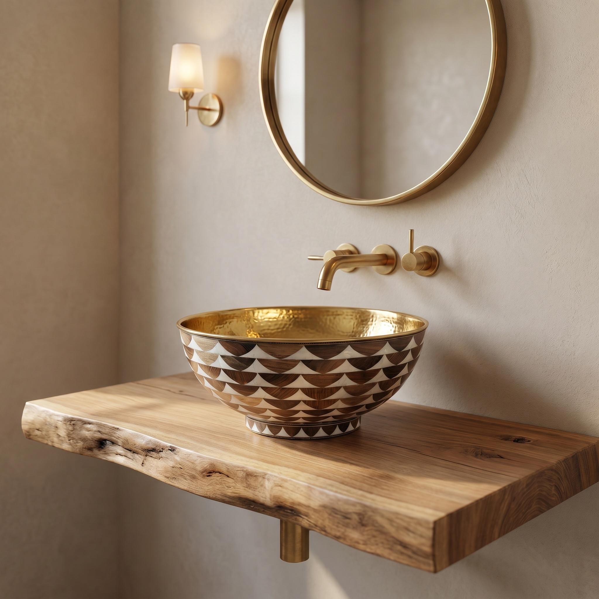 Wood Inlay Brass Vessel Sink Luxury 16 Inch Vanity Basin for Rustic Bathrooms - Image 4