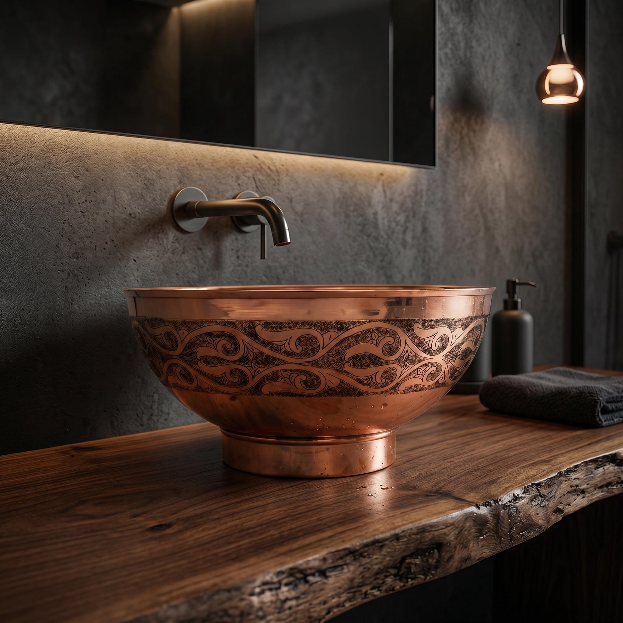 Copper Vessel Sink Engraved Vanity Basin for Luxury Rustic Modern Bathrooms - Image 3
