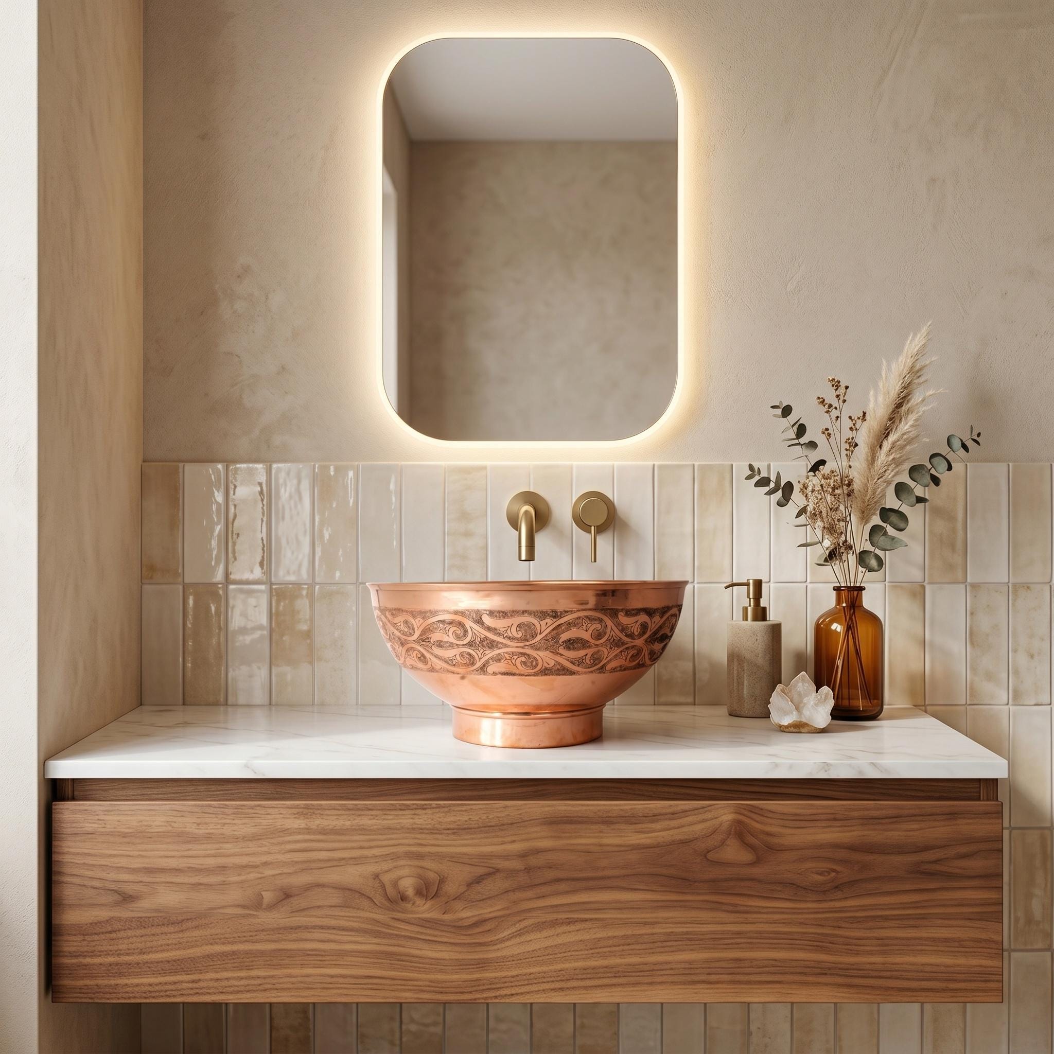 Copper Vessel Sink Engraved Vanity Basin for Luxury Rustic Modern Bathrooms - Image 5