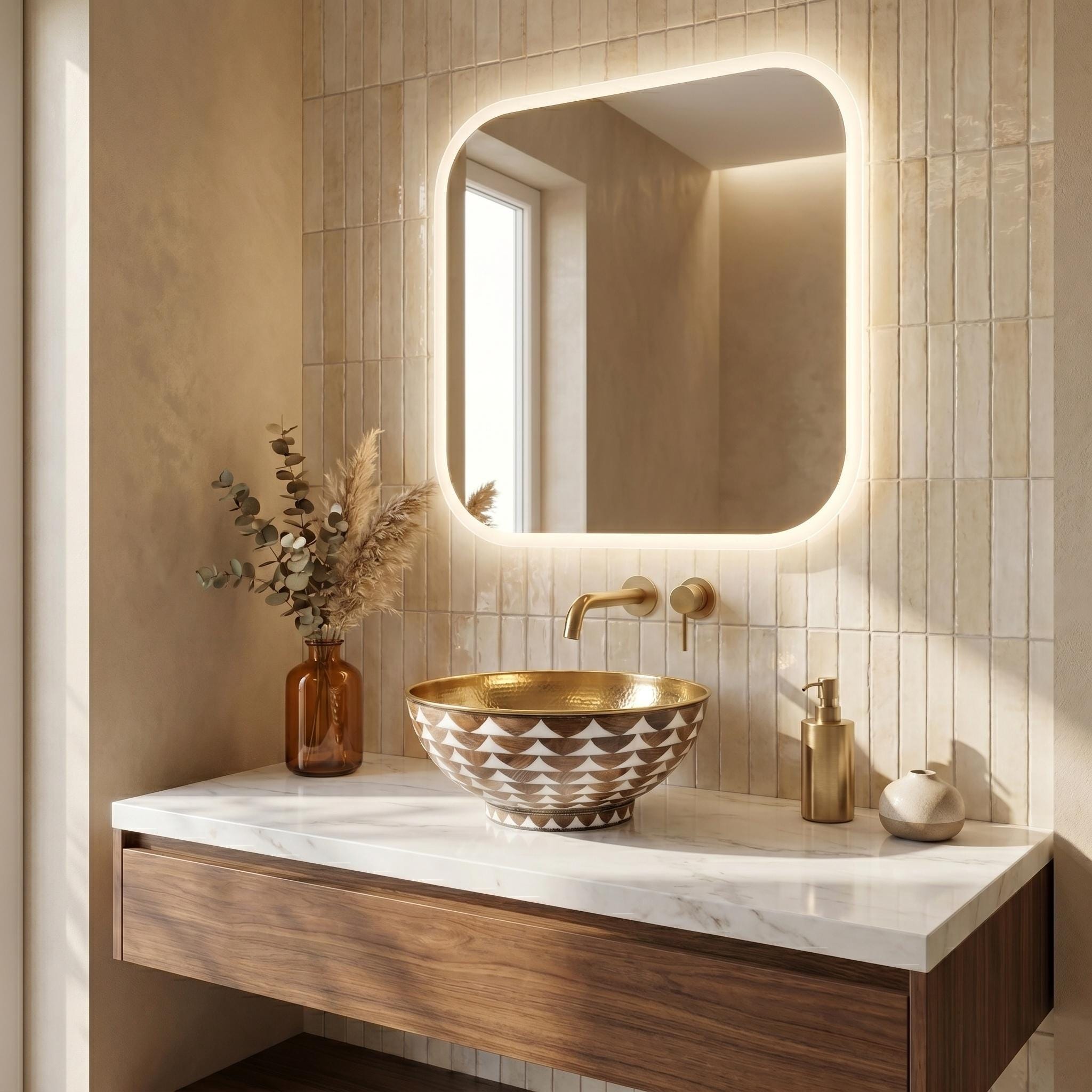 Wood Inlay Brass Vessel Sink Luxury 16 Inch Vanity Basin for Rustic Bathrooms - Image 6