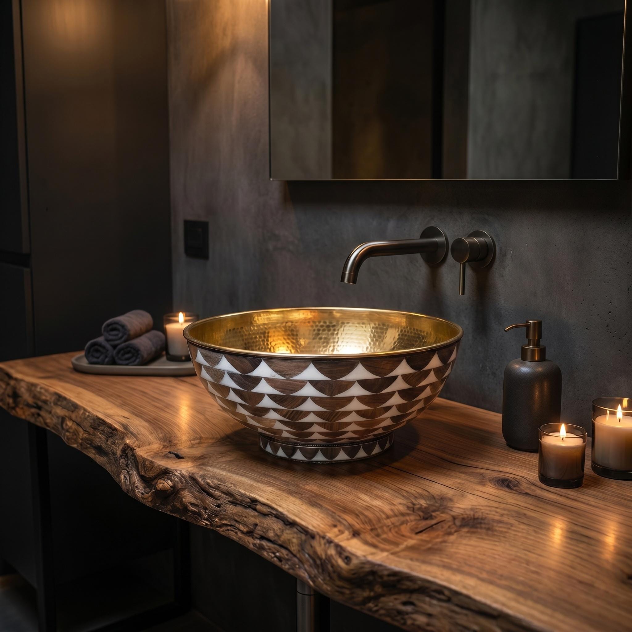 Wood Inlay Brass Vessel Sink Luxury 16 Inch Vanity Basin for Rustic Bathrooms
