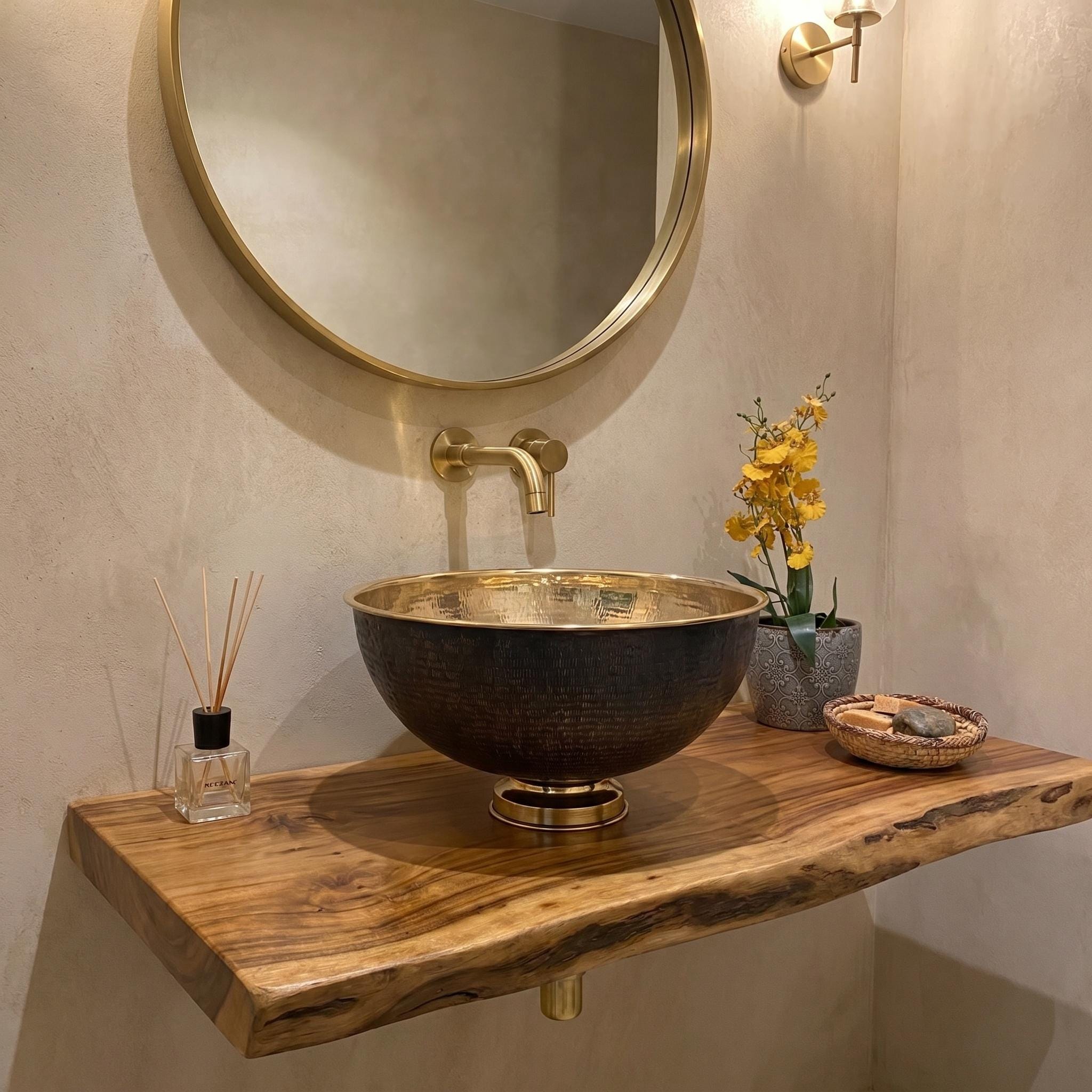 Dark Brass Vessel Sink Hammered Vanity Basin for Luxury Rustic Bathrooms