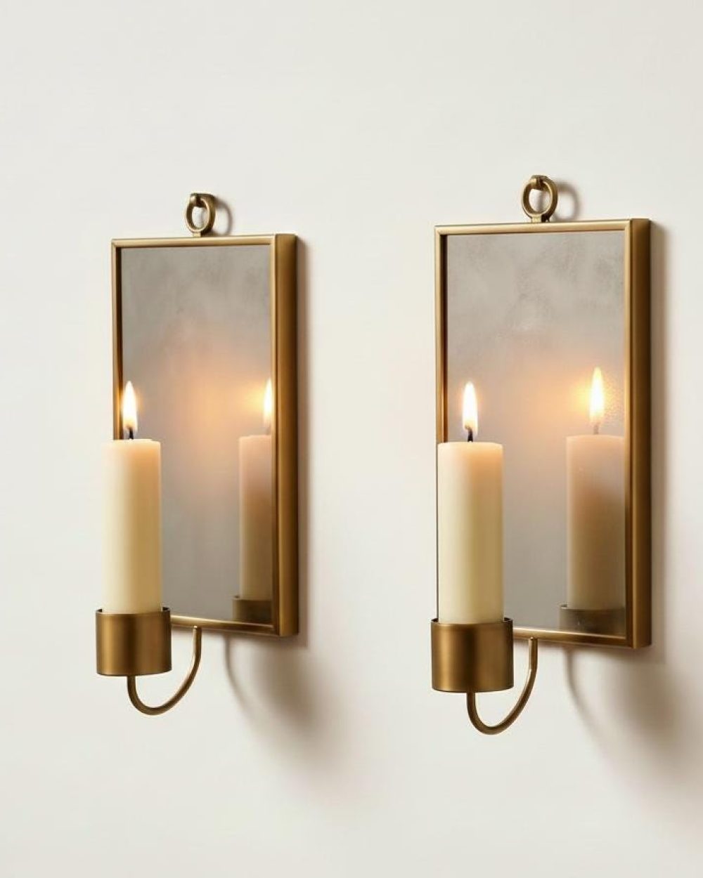 Set of 2 handmade brass mirror sconces with candle holders