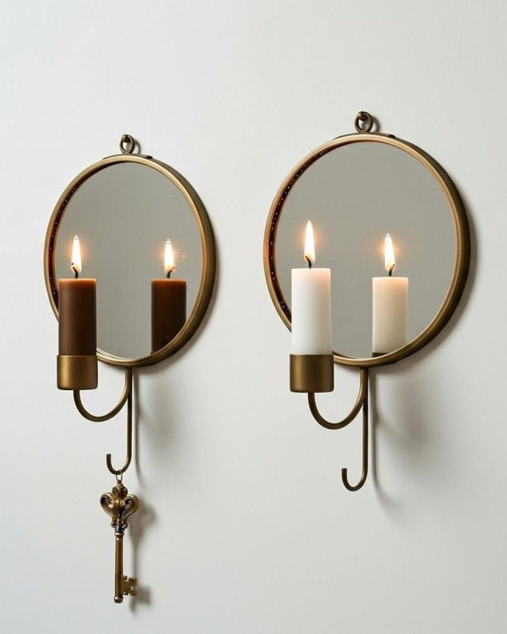 Set of 2 handmade brass wall candle sconces with round mirrors