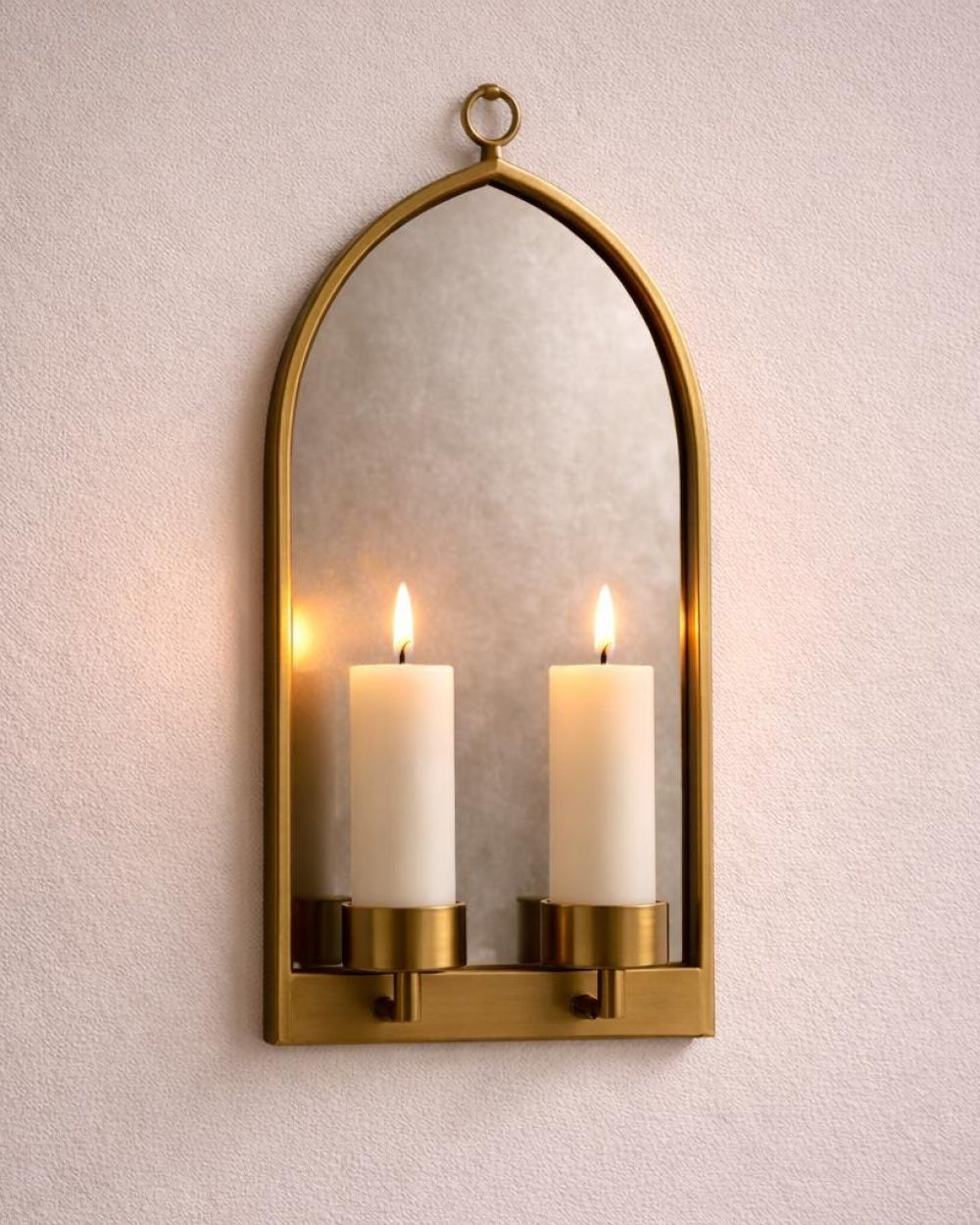 Handmade brass wall candle sconce with arched mirror and dual candle holders